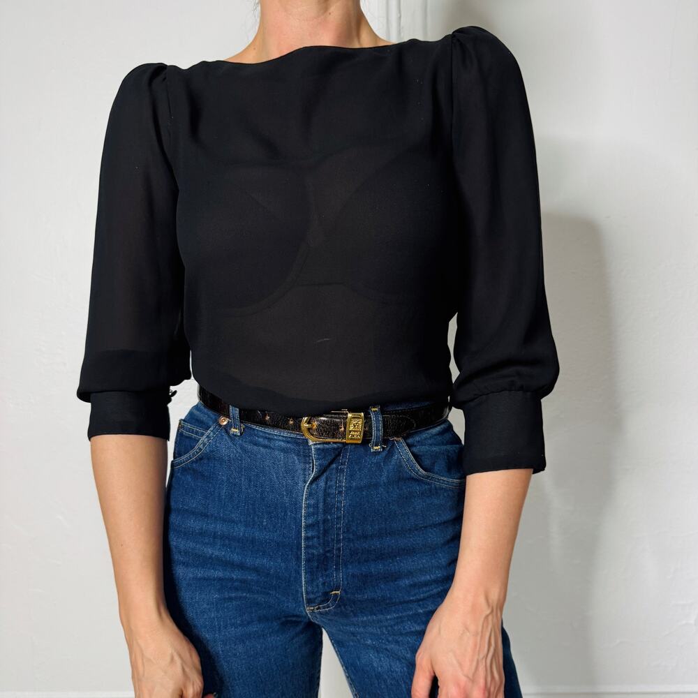 80s Jessica Martin Black Sheer‎ Blouse Size S